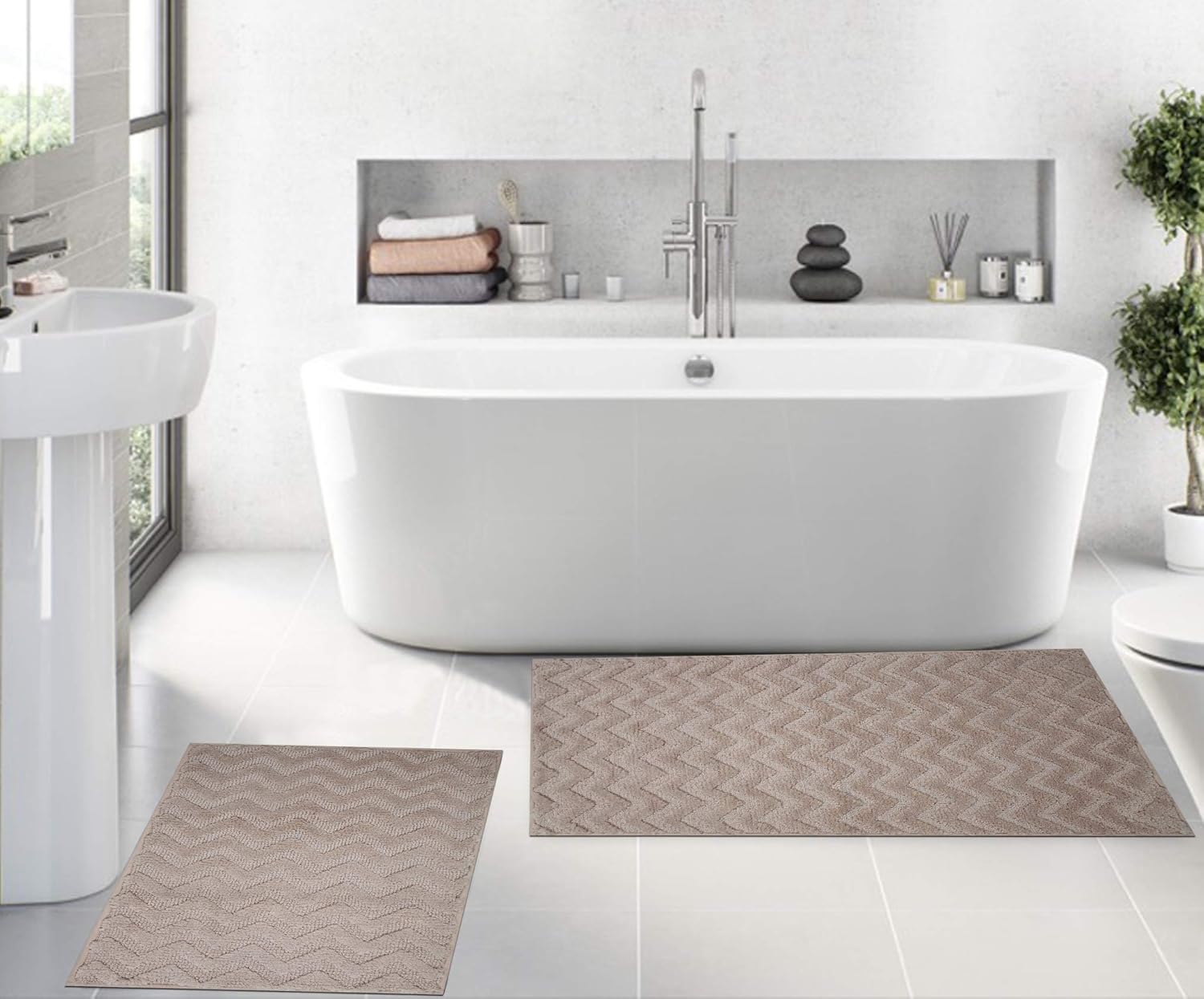HILLFAIR 2 Pack Bath Mat - 20"x32" Inches & 16"x24" Inches - Anti Skid Machine Washable Bath Rugs for Bathroom- Soft Plush Absorbent Bath Mat/Rugs for Shower Tub- Multipurpose Floor Mat - Solid Beige: Kitchen & Dining