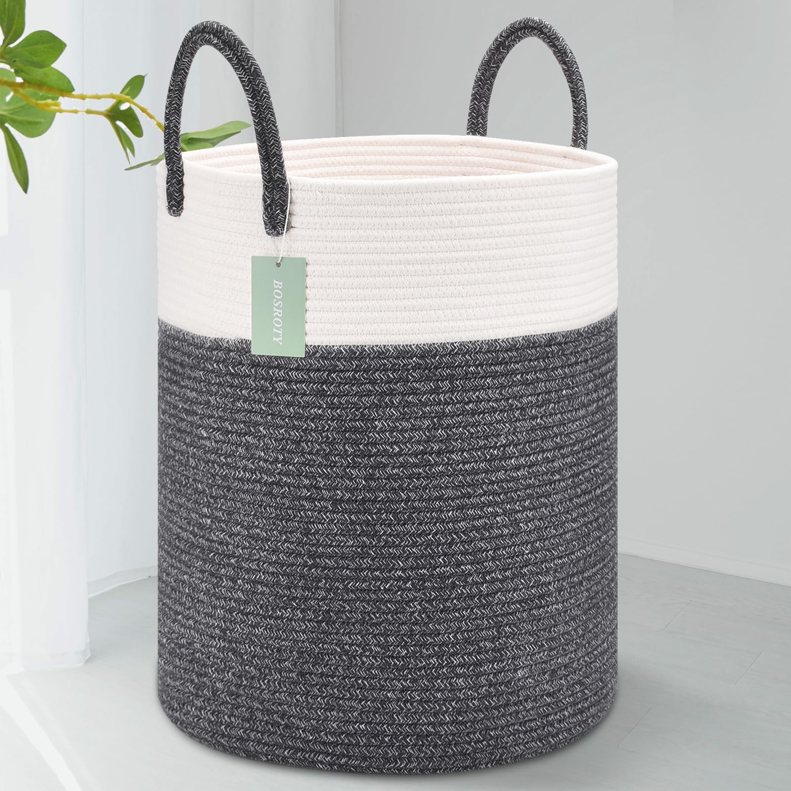 Photo 1 of BOSROTY Large Laundry Hamper Basket for Girls Boys Kids 65L, Tall Nursery Hamper with Handles, Woven Blanket Basket for Storage Toys Clothes Towels, 16”x 20”, White & Black