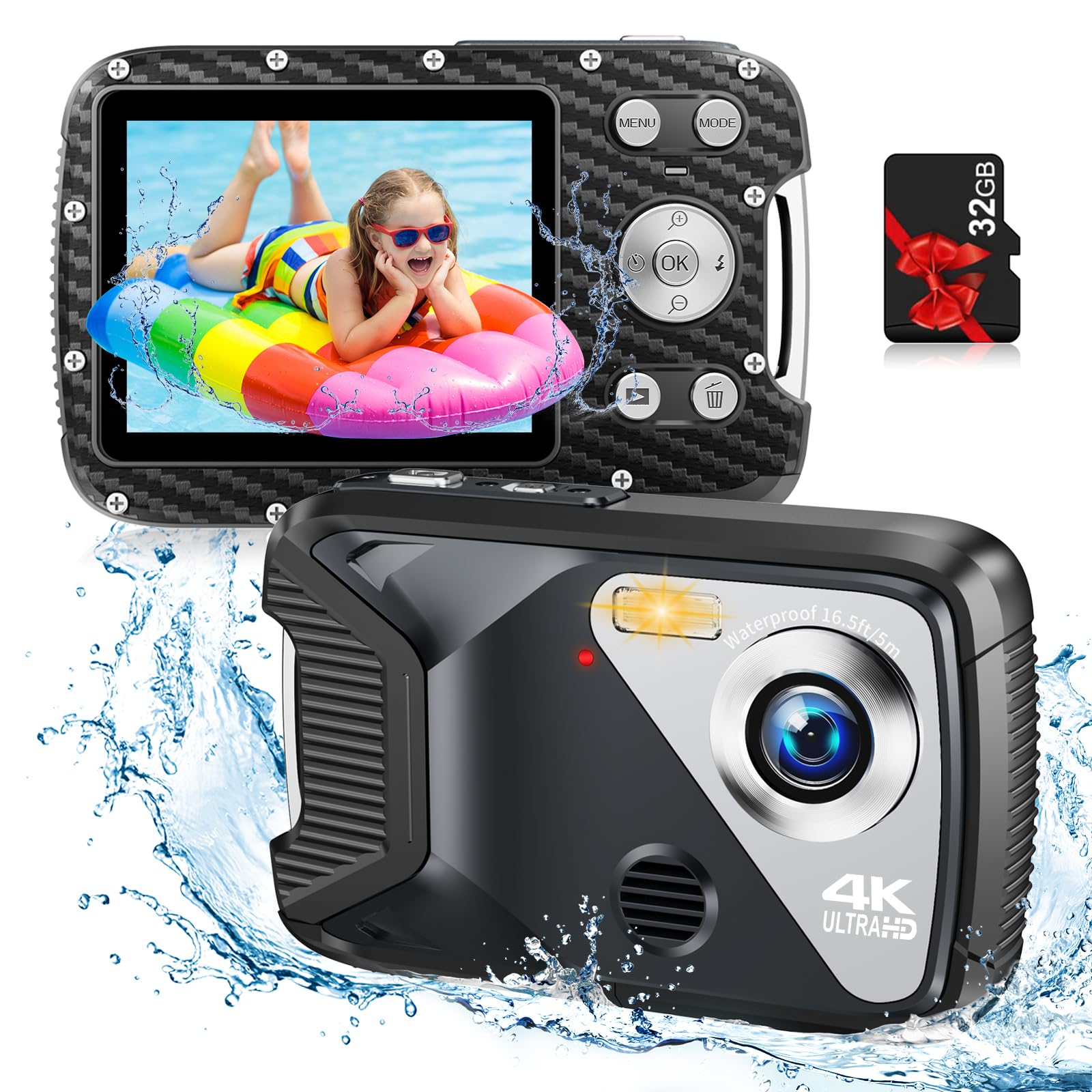 Photo 1 of Underwater Camera, UHD 4K 48MP Waterproof Camera with 18X Zoom Selfie Screens,16FT Compact Waterproof Digital Camera with 32GB Card,Fill Light Underwater Camera for Snorkeling(Black)