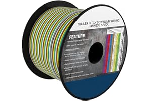 GOGOONE 100FT 4-Way Trailer Towing Wiring Harness Bonded Wires Spool Enough 14 Gauge CCA, 4 Wire Replacement Trailer Wire, Ideal for All Basic Wiring Needs（White/Green/Yellow/Brown）