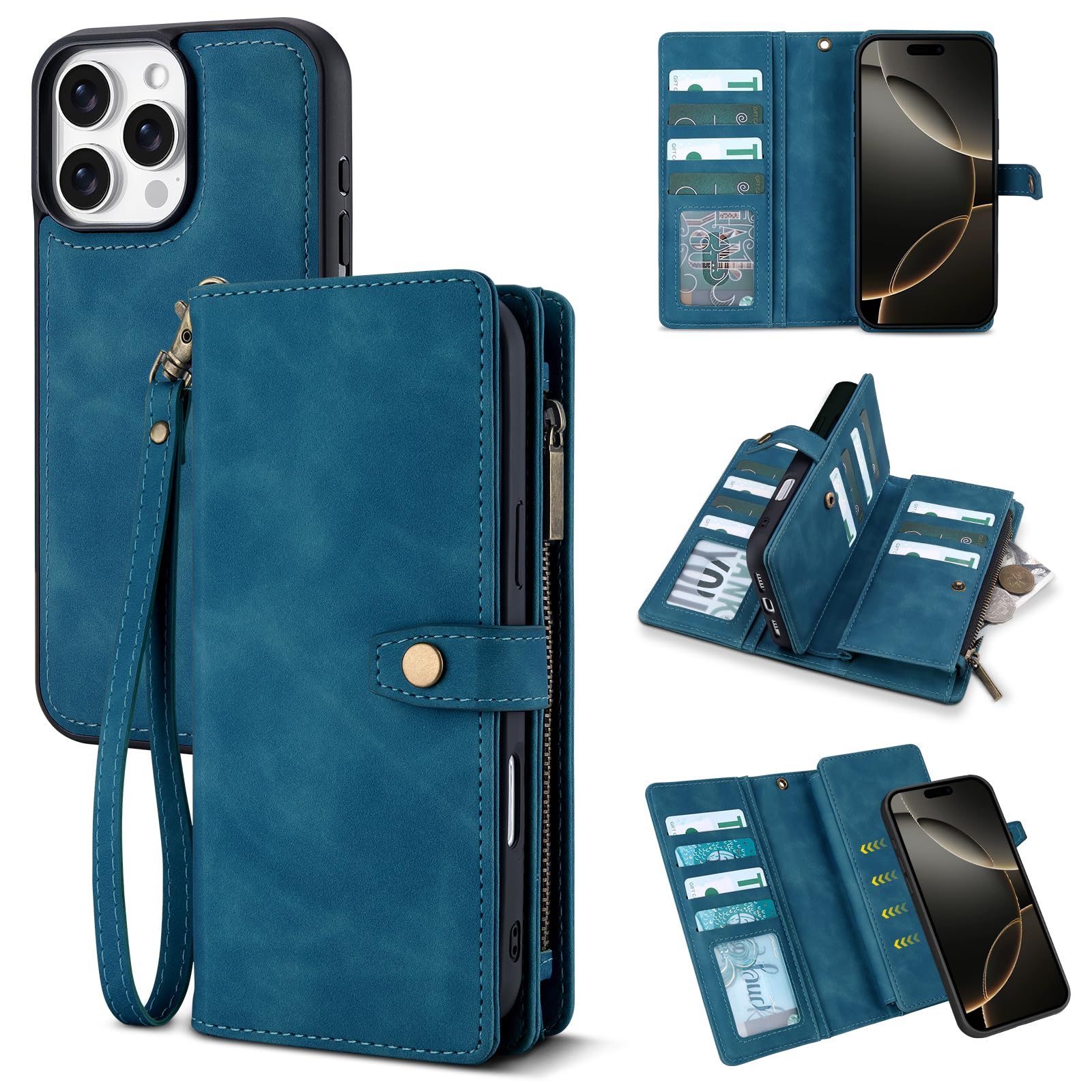 TwoHead Wallet Case Compatible with iPhone 16 pro max,Detachable Magnetic Phone Case,PU Leather All-Round Protective Cover Wallet with Card Holder/Change Pocket,6.9 in,Navy Blue