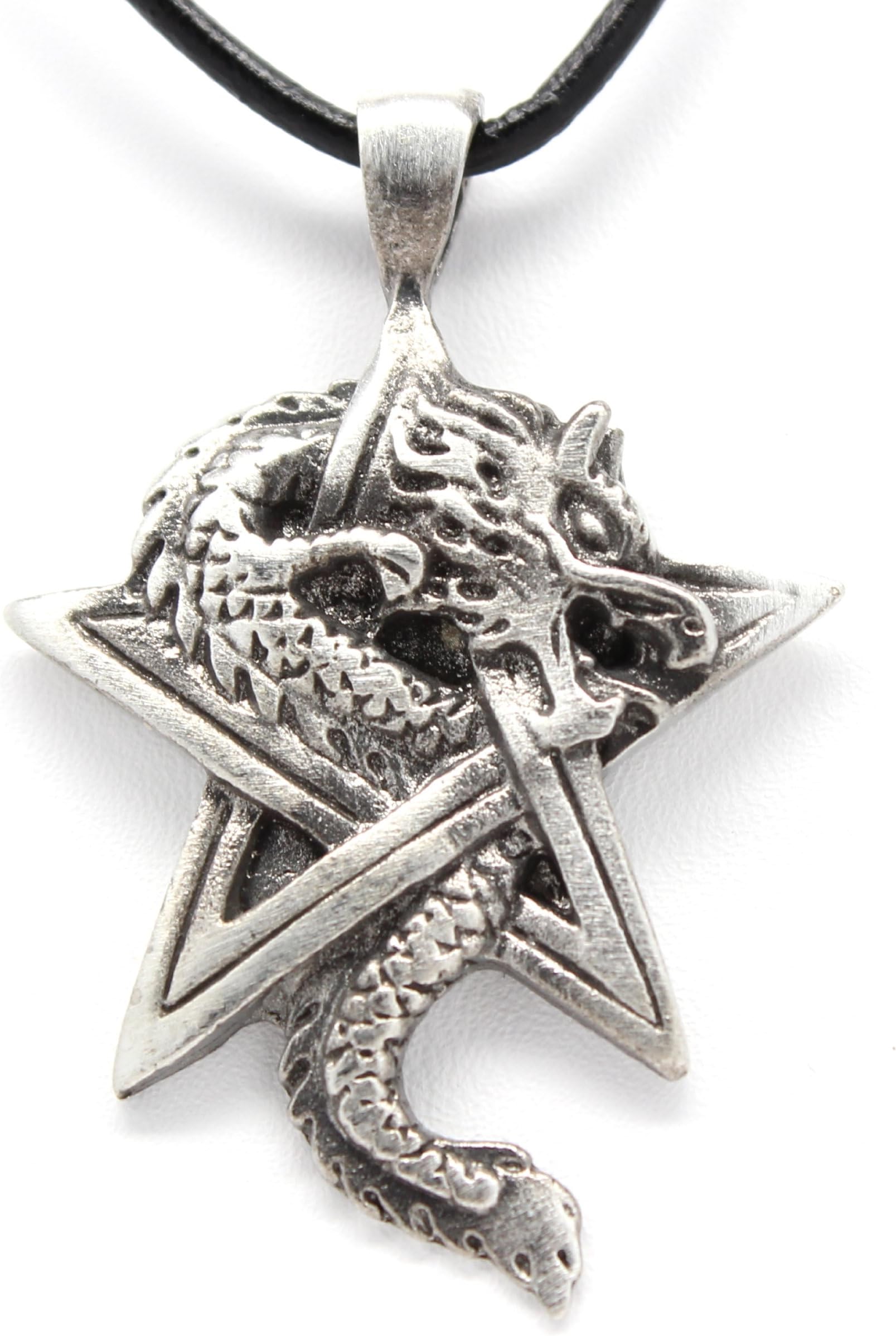 Women's Pewter Dragon On Pentagram Star Gothic Fantasy Pendant, Leather Necklace
