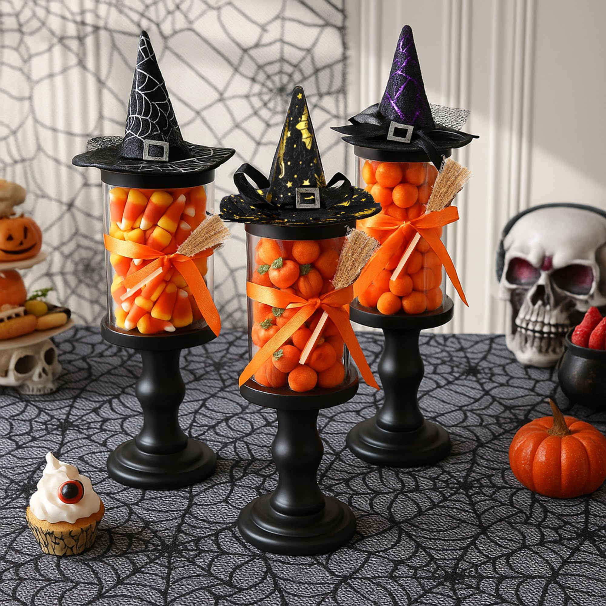 Photo 1 of Chunful 3 Pcs Halloween Candy Jar with Lid, Plastic Treat Cookie Containers with Mini Witch Hats, Witch Brooms, Candlesticks and Ribbons, Snack Serving Bowl DIY Candy Bucket Party Decoration