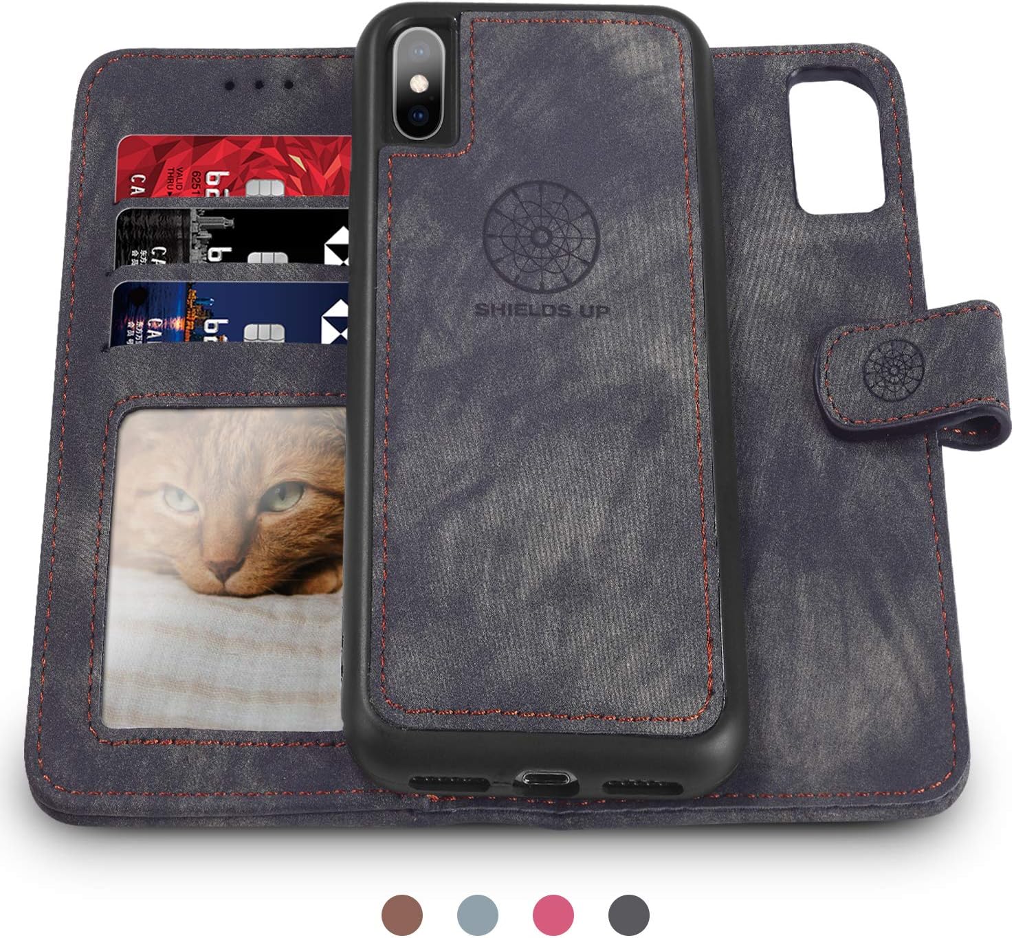 Shields Up iPhone Xs Max Wallet case,[Detachable] Design,Luxury Handmade Vagan Leather Wallet Case with Card Slots and Magnetic Closure Flip Cover for Apple iPhone Xs Max (Gray)