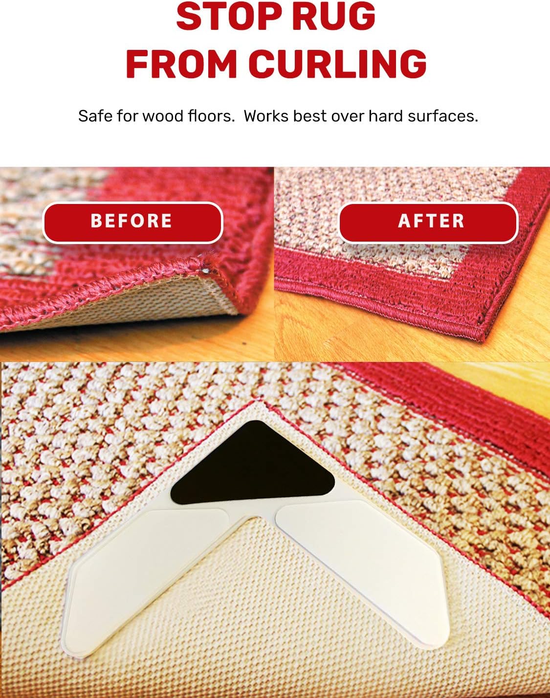 Grips The Rug with Nevercurl Includes 4" V Shape Corners with EVA Foam Tip for Easy Rug Lifting - Patented - Instantly Flattens Rug Corners and Stops Rug Slipping - Gripper uses Renewable Sticky Gel: Home Improvement