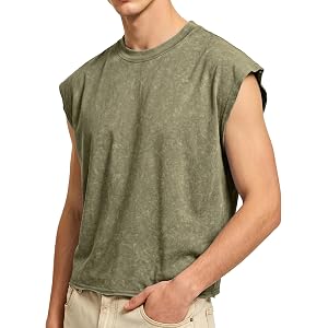 PLEPAN Men's Cropped Muscle Sleeveless Cotton Tank Tops Cut Off Fashion Washed T Shirts Workout Tee
