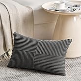Fancy Homi Dark Gray Lumbar Decorative Throw Pillow Covers 12x20 Inch for Living Room Couch Bed Sofa, Farmhouse Home Decor, Soft Striped Corduroy Rectangle Accent Cushion Case 30x50 cm