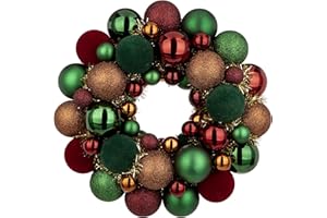GNFLUS Christmas Velvet Ball Wreath 13" Xmas Wreaths Ornaments Glitter Thicken Shatterproof Garland Decoration for Door Wall Mantel Holiday Party Decor Burgundy & Dark Green & Bronze