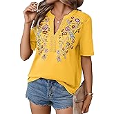 Mexican Shirts for Women Embroidered Tops Traditional Summer Blouse Floral Tunic V Neck Short Sleeve T Shirt