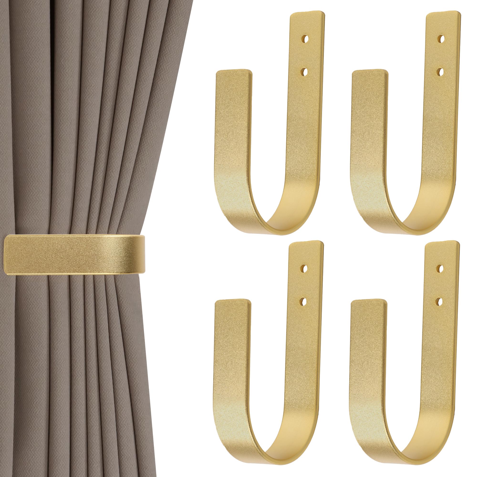 Photo 1 of Groleca 4 Pack Modern Curtain Holdbacks Curtain Tiebacks Wall Mount Solid Aluminum U Shaped Curtain Wall Hooks Curtain Pull Backs Curtain Holders Curtain Tie Backs for Curtain (4, Gold)