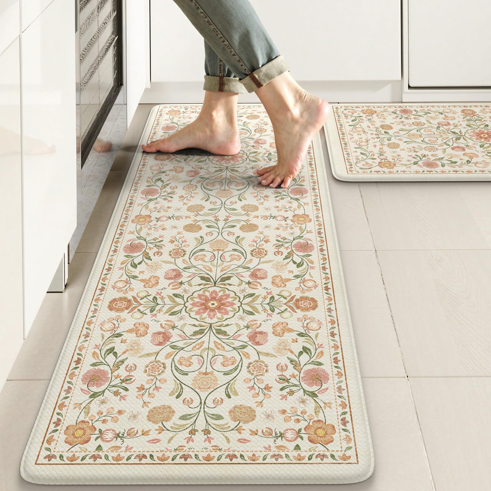 Photo 1 of KIMODE Anti Fatigue Mats for Kitchen Floor Non Slip,Farmhouse Boho Floral Standing Kitchen Rugs Sets of 2,Comfort Cushioned Padded Ergonomic Carpet for Laundry Sink Office,Beige
