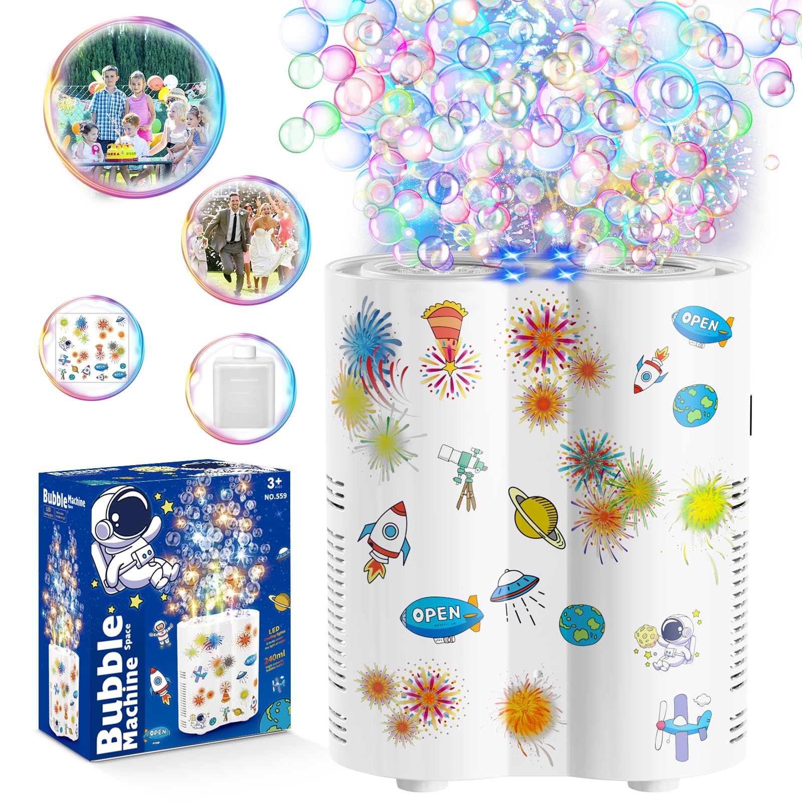 Bombble Astronaut Bubble Machine, Automatic Fireworks Bubble Machine with 240ml Bubble Solution/26 Holes/Light, Outdoor Bubble Toy for Children, Wedding, Easter, Party (White)