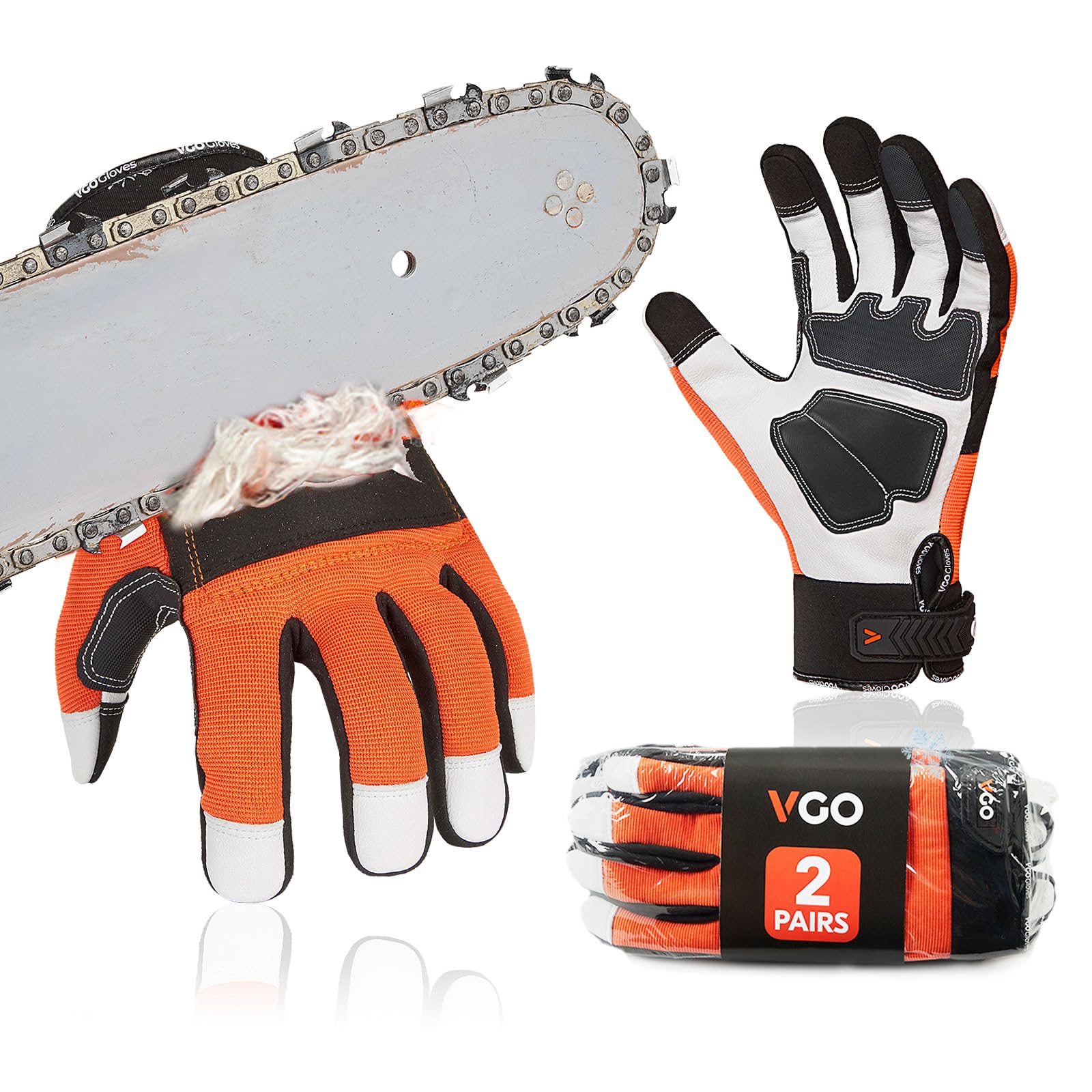 Vgo... 2 pairs Chainsaw Gloves 12-Layer Protection on Left Hand, Safety Goat Leather Work Gloves with Touchscreen(XXL,Orange) — image 1