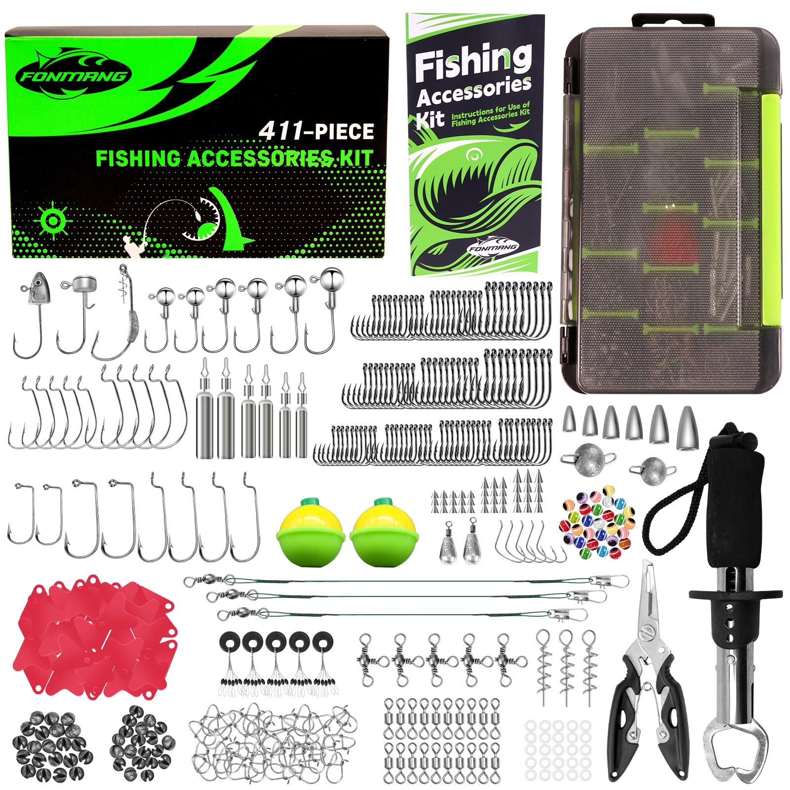 Photo 1 of 411-Piece Fishing Gear Accessories Kit, [2025 New] Tackle Box with Pliers, Fish Lip Grips,Tackle Storage Trays, Hooks, Weights, Jig Heads, Swivels, 21 Pre-Made Rigs – Fishing Gear for Lures
