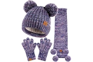 SENPUKI Kids Winter Hat Gloves Scarf Set, Girls Toddler Children Beanie with Pom Knit Neck Warmer Gaiter Mittens Fleece Lined Set