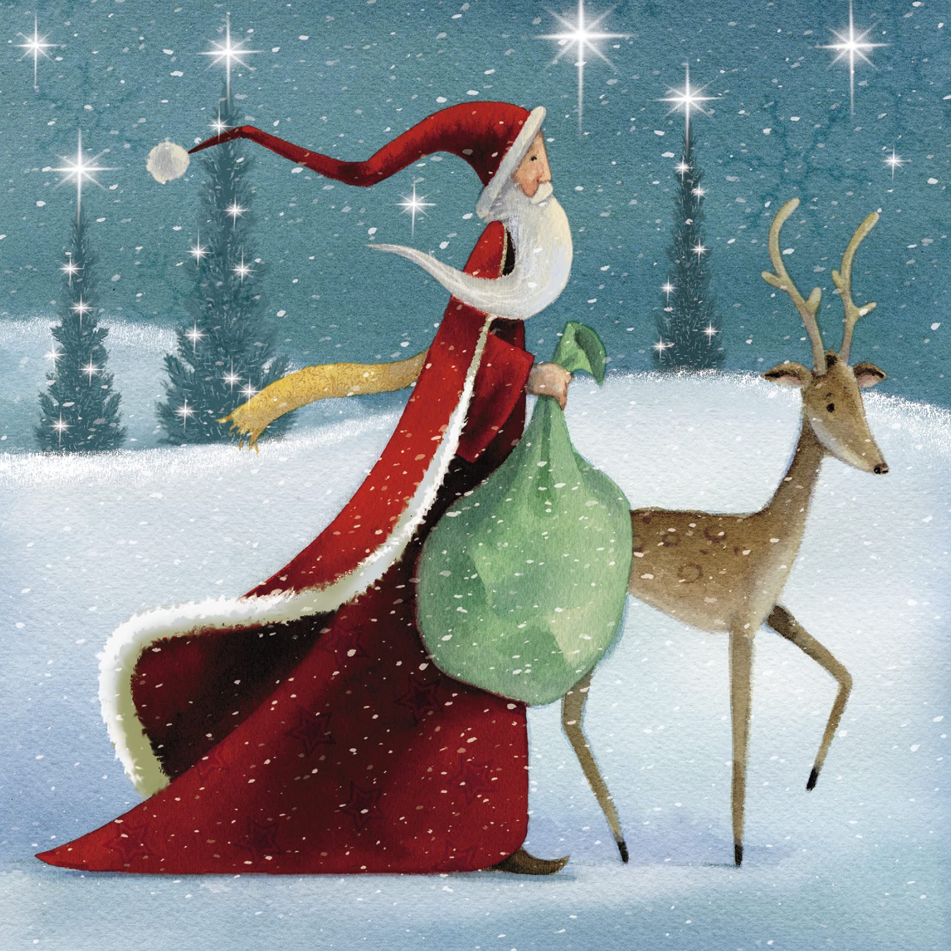 The Almanac Gallery Pack of 8 Charity Christmas Cards - Festive Santa & Reindeer in the snow - Pack of 8 Premium Greetings Cards with Envelopes - Supporting UK Charities - GBCC