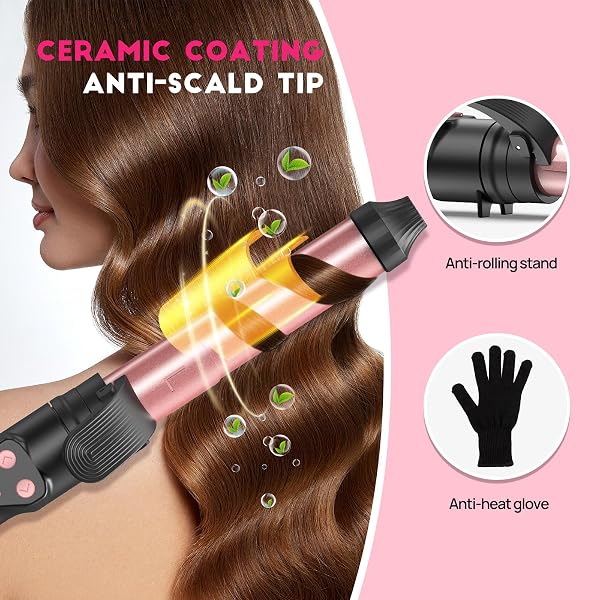 AUTOMATIC CURLING IRON 1 INCH WITH 3-IN-1 INTERCHANGEABLE BARRELS FOR TANGLE-FREE BEACH WAVES CURLS, BEGINNER FRIENDLY ANTI-TANGLE HAIR CURLER, WORLDWIDE DUAL VOLTAGE TRAVEL FOR LONG SHORT HAIR PINK