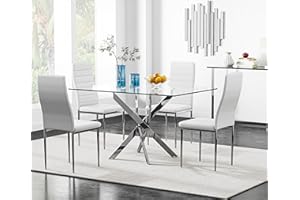 NIERN 5 Piece Dining Table Table Set, Tempered Glass Dining Table Set for 4 Kitchen Table Set with 4 Upholstered Chairs for Kitchen Dining Room (Sliver Table with White Chair)