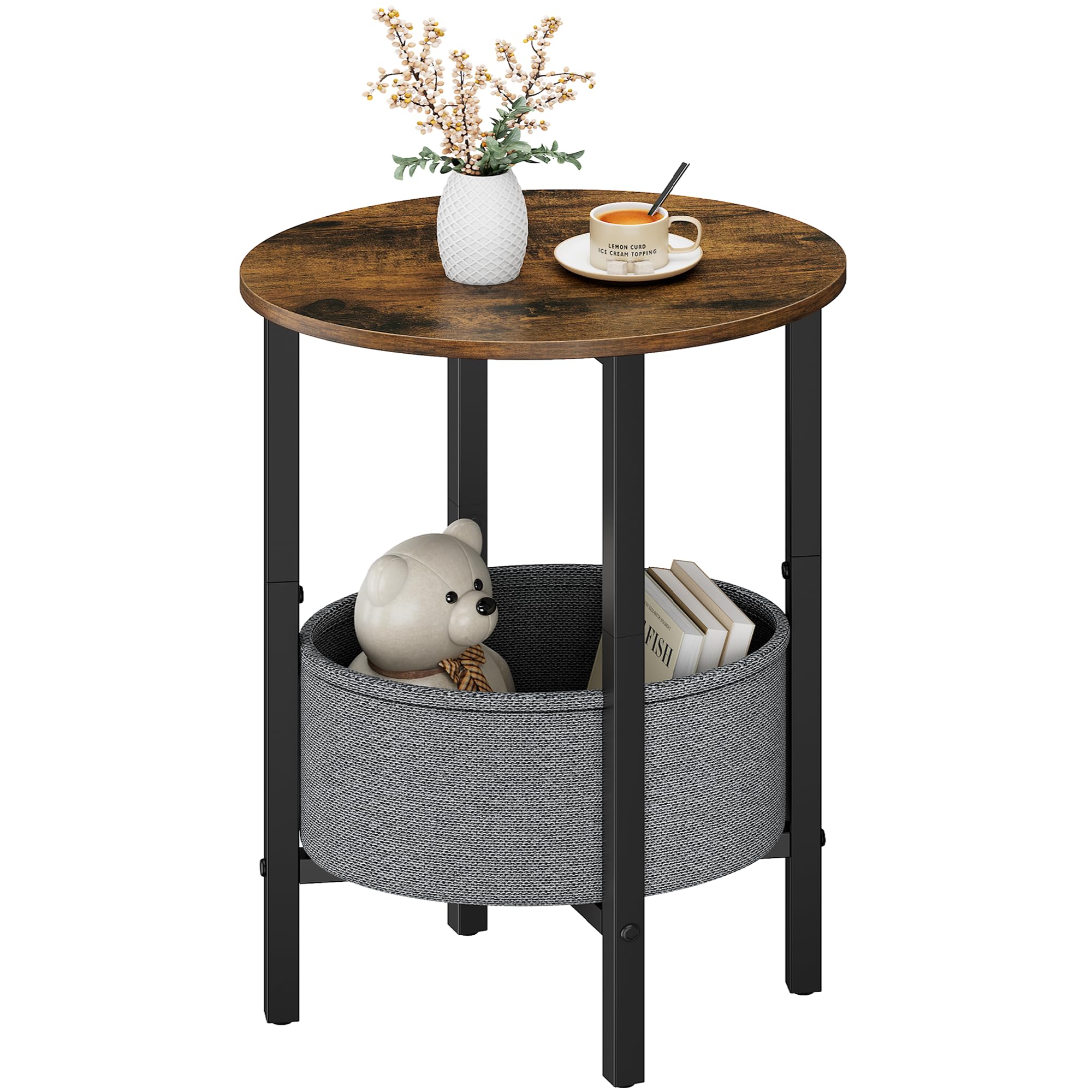 Photo 1 of Vagusicc Round Side Table End Table with Storage Basket, Small Side Table Round Nightstand for Small Spaces, Tall Oval End Table with Steel Frame, Coffee Bedside Table for Living Room, Rustic Brown
