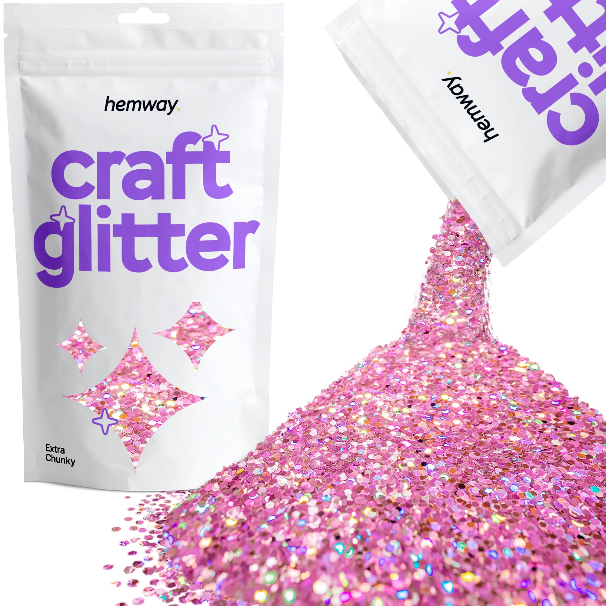 Hemway Craft Glitter Pink Holographic 100g Extra Chunky Glitter for Crafts, Resin, Cosmetic, Nail, Face, Body, Festival, Tumblers, Art, Candle, Crafting