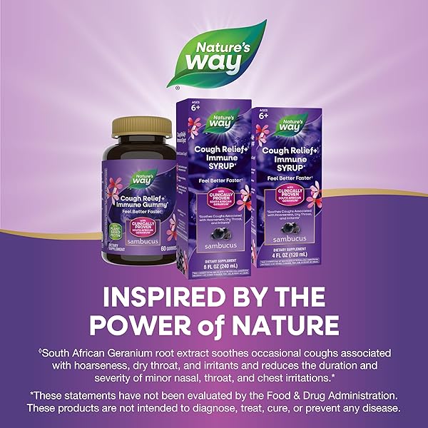 NATURE’S WAY SAMBUCUS COUGH RELIEF +(1) IMMUNE SYRUP*, FEEL BETTER FASTER(1), CLINICALLY PROVEN SOUTH AFRICAN GERANIUM, WITH ELDERBERRY EXTRACT, VITAMIN C & ZINC, 8 OZ (PACKAGING MAY VARY)