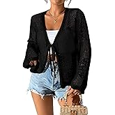 Urchics Womens Casual Cardigan Summer Beach Long Sleeve Hollow Out Tie-Front Crochet Cardigan