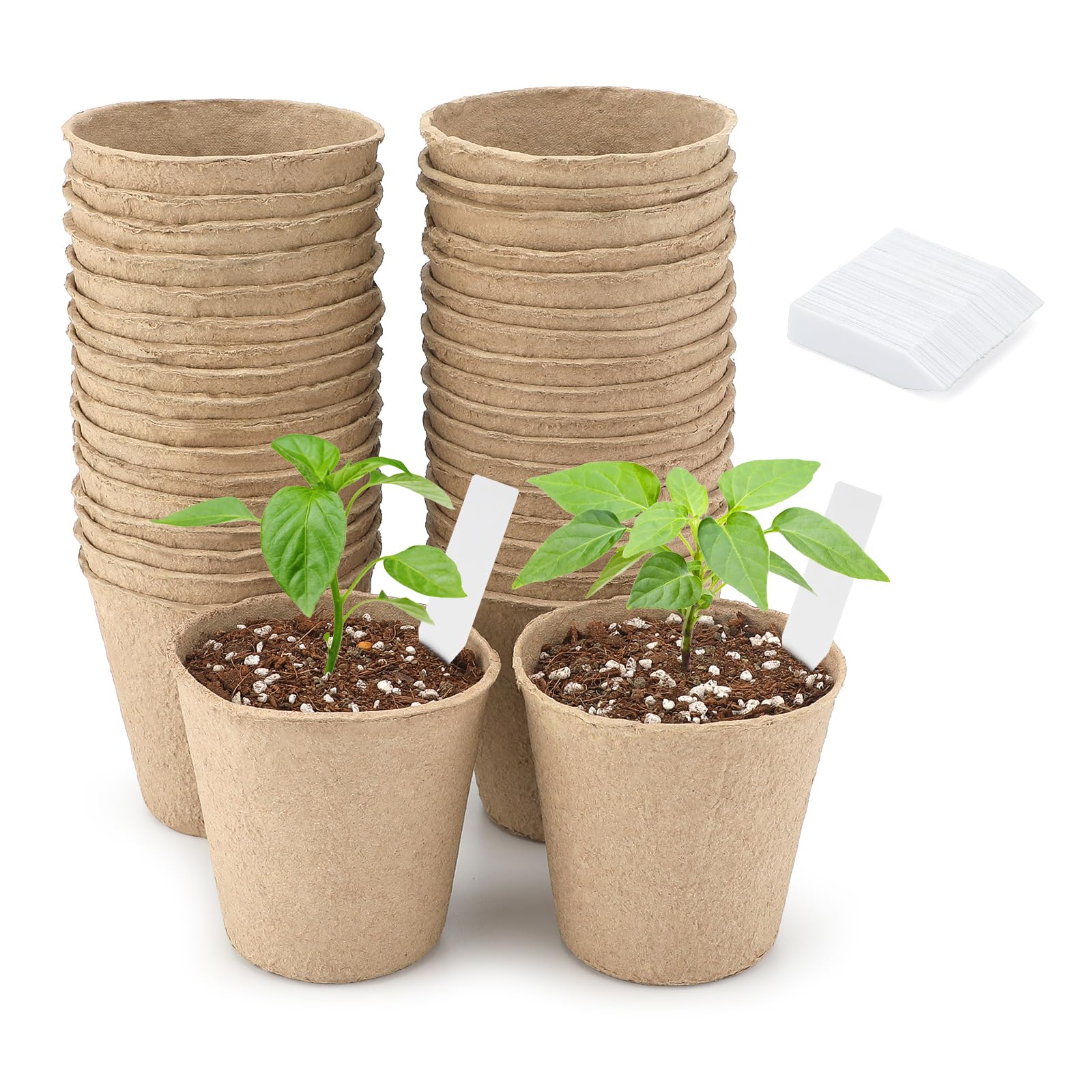 KINGLAKE Biodegradable Small Plant Pots Fibre Seedling Pots, 6cm 50Pcs Compostable Flower Seed Pots for Planting Vegetables, Fruits, Herbs with 100 Plant Labels