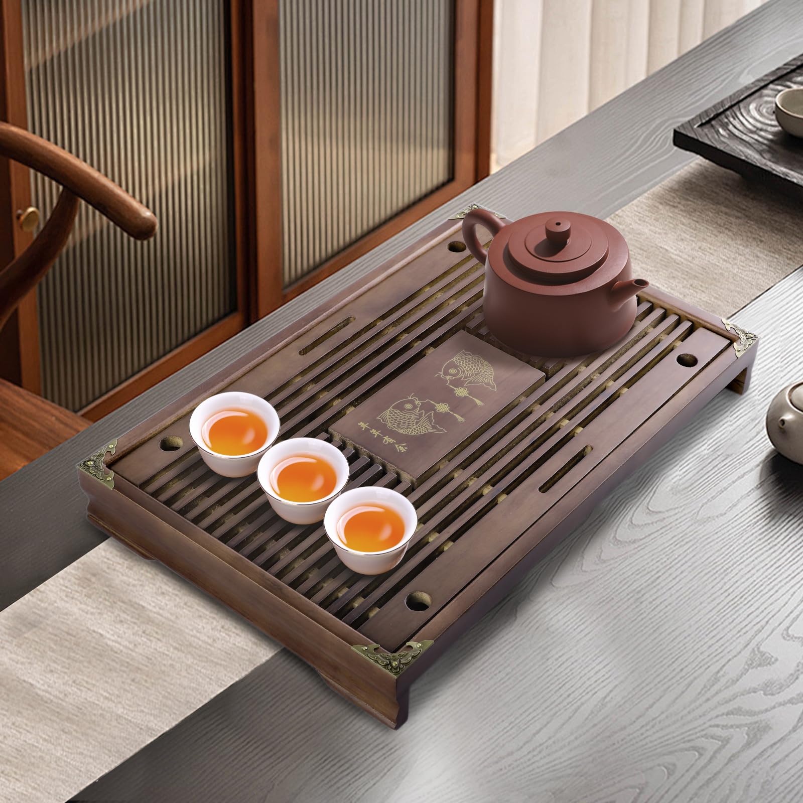 Photo 1 of 17 Inch Bamboo Tea Tray, Chinese Gongfu Tea Tray with Water Storage, Detachable Tea Table Serving Tray for Countertop, Entertaining Guests, Tea Table Box Gift Set (Large)