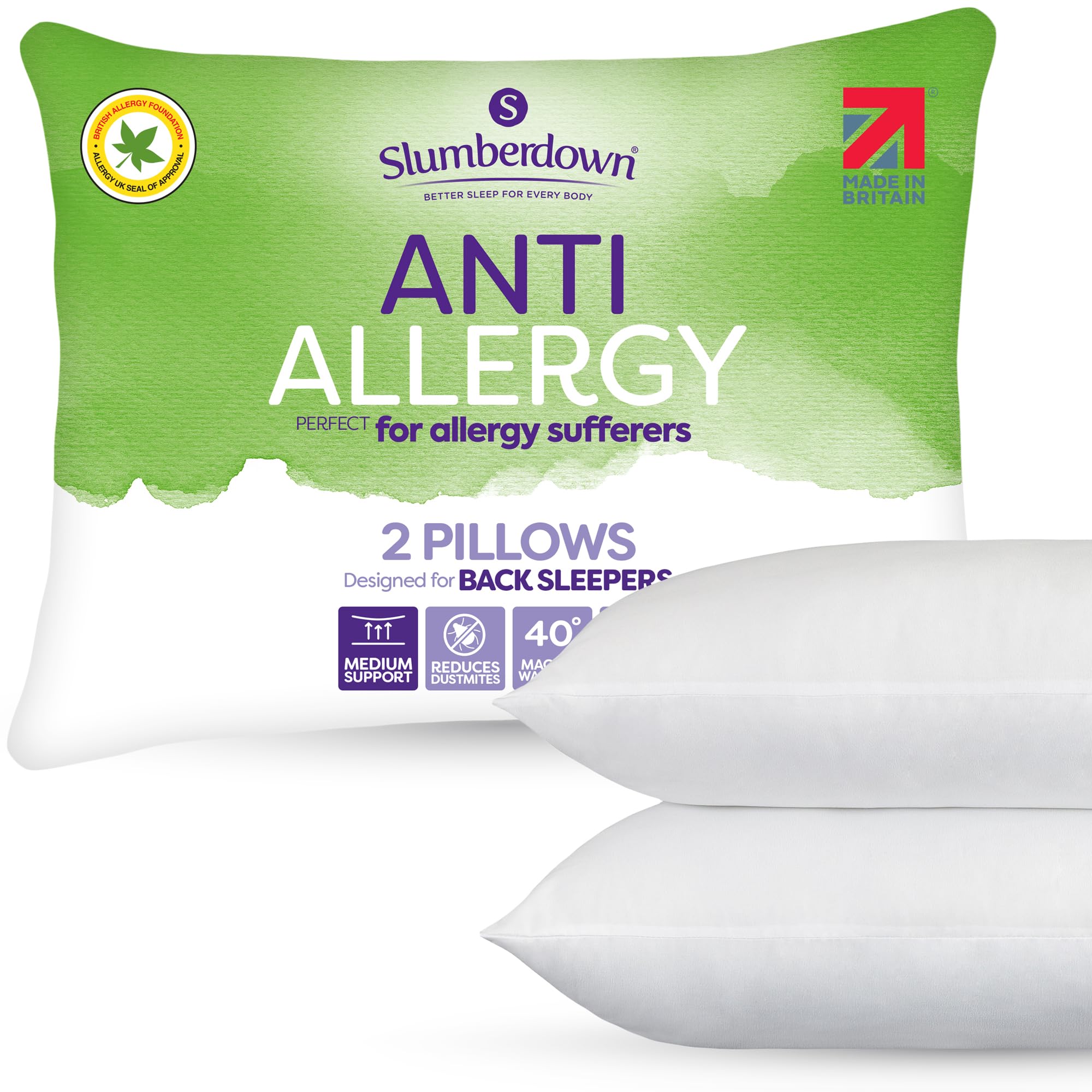 Slumberdown Anti Allergy Pillows 2 Pack - Allergy UK Approved Medium Support Back Sleeper Pillows for Allergy Sufferers | Anti Bacterial Cover, UK-Made & Washable (48 x 74cm)