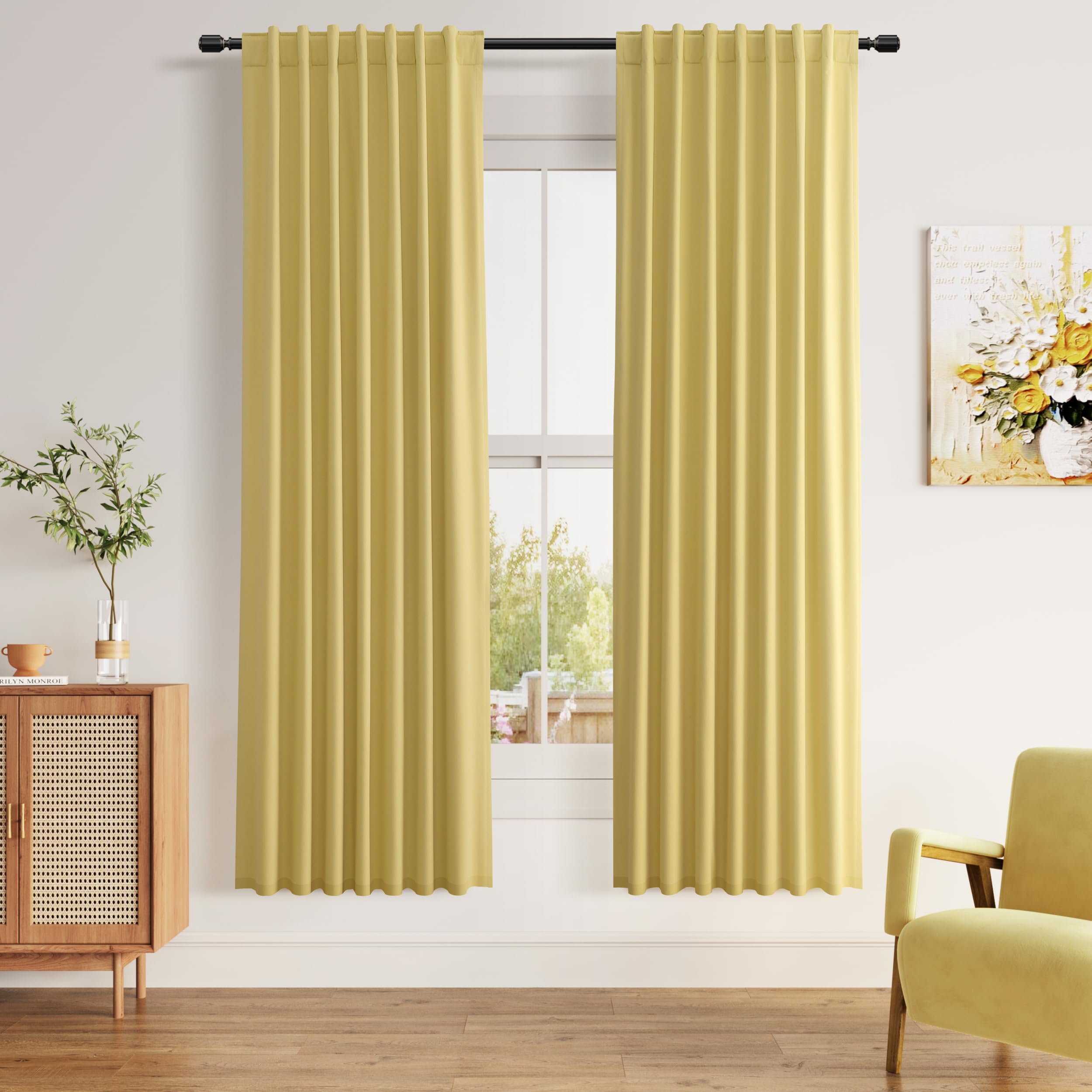 Guken Yellow 100% Blackout Curtains 72 Inch Length 2 Panels Set for Living Room Bedroom Back Tab Thermal Insulated Black Out Linen Drapes Room Darkening Window Curtains 72 Inches Long Image
