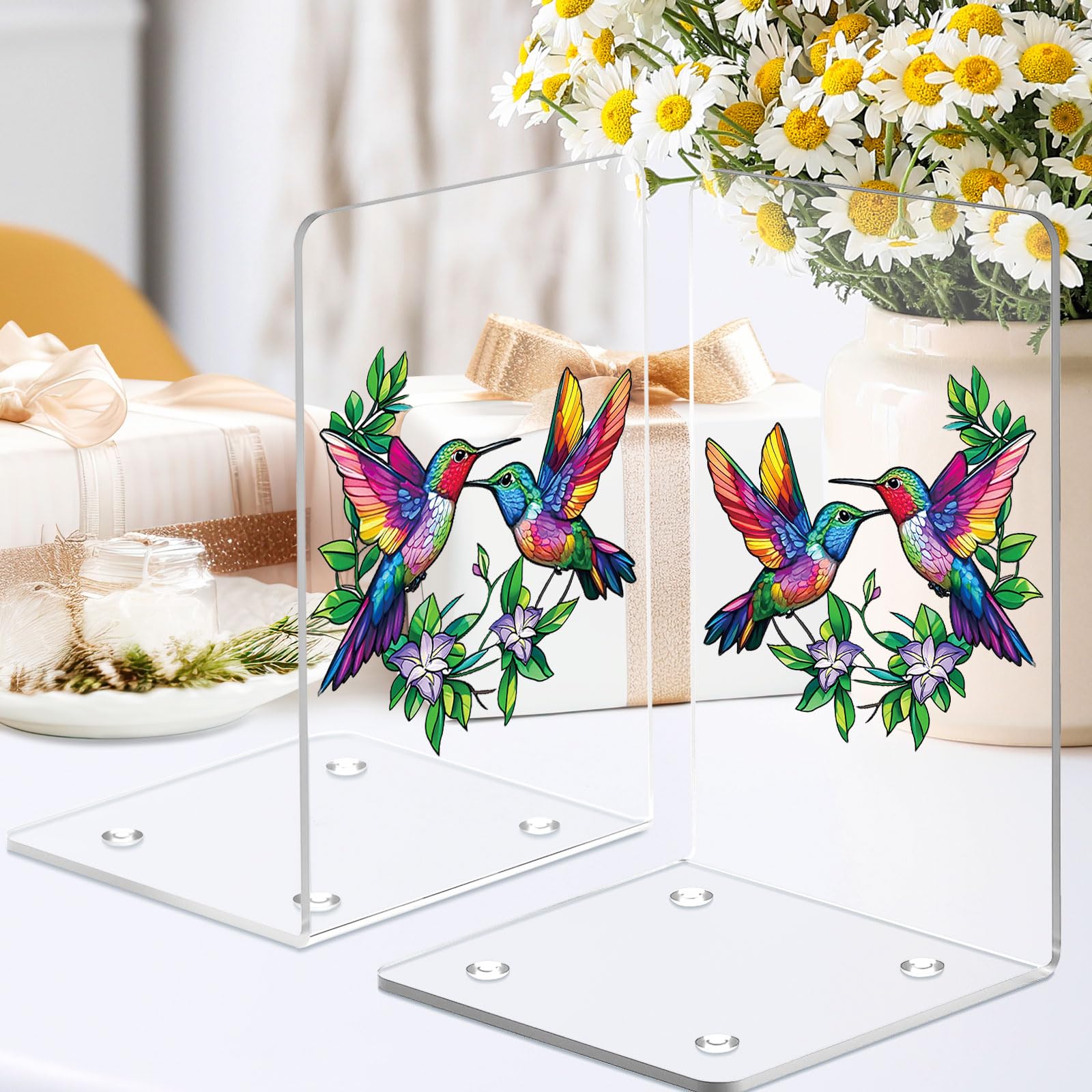Photo 1 of Hummingbird Acrylic Book Ends 2 Pieces, Clear Bookends for Shelves, Decorative Bookends for Heavy Books, Book Stopper Bookshelf Decor Home Office School for Hummingbird Gifts for Women
