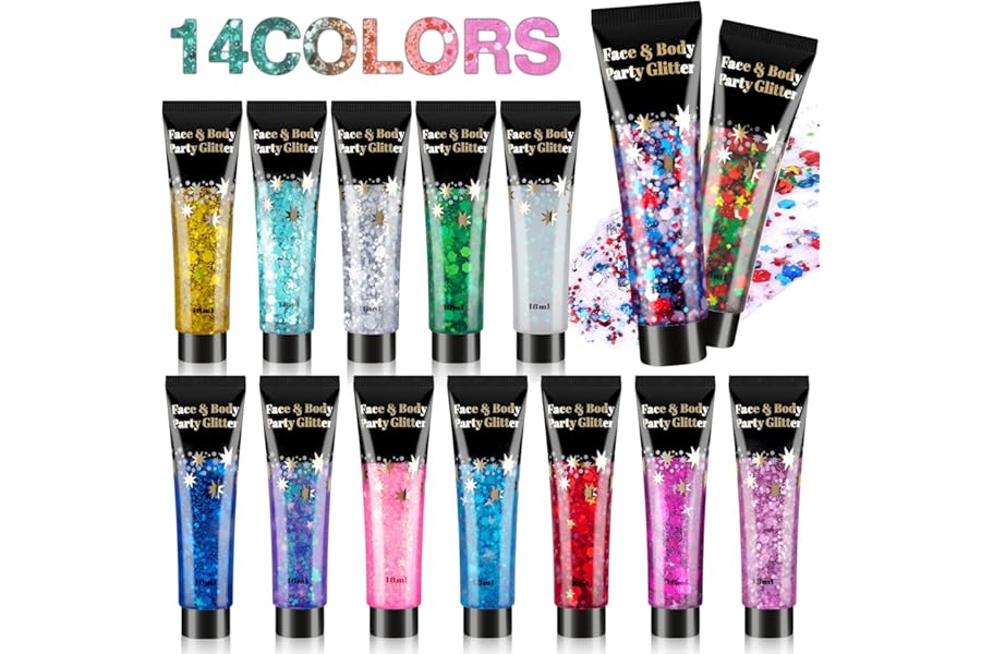 AROIC 14 Colors Body Glitter, Face & Hair Glitter Gel Set for Festival, Eye Shimmer for Women Glow in The Dark Rave Accessories Party Supplies, Face Paint Hair/Cheek/Eyelid Sparkle Makeup(18ml/Tube)