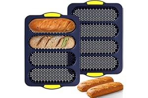 XenMee 2 Pcs Silicone Bread Loaf Pan, Non-Stick Baguette Bread Pan Food Grade, 4-Cavity Perforated French Baking Mold for Hom
