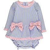 RuffleButts Baby Girls UPF50+ Seersucker Long Sleeve One Piece Bow Peplum Rash Guard Swimsuit