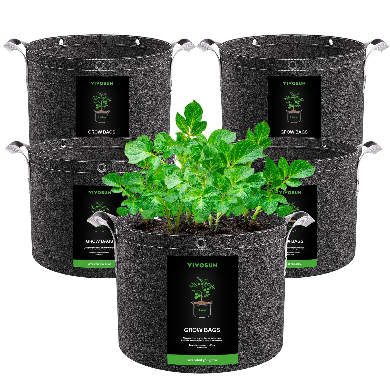 VIVOSUN Grow Bags 5-Pack 20L, 500G Thick Nonwoven Fabric Pots with Strap Handles, Multi-Purpose Rings, for Low Stress Plant Training Fruits, Vegetables, and Flowers