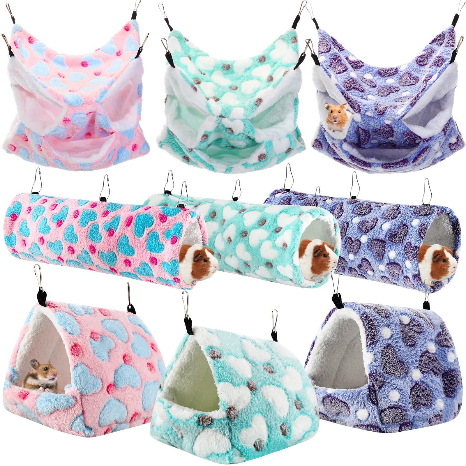 Photo 1 of Abbylike 9 Pieces Rat Guinea Pig Hanging Hammock Ferret Hammocks Set Small Pet Hanging Tunnel Glider Toy Guinea Pig Ferret Hideout Bed Cage Accessories for Hamster (Purple, Brown, Gray,Heart)