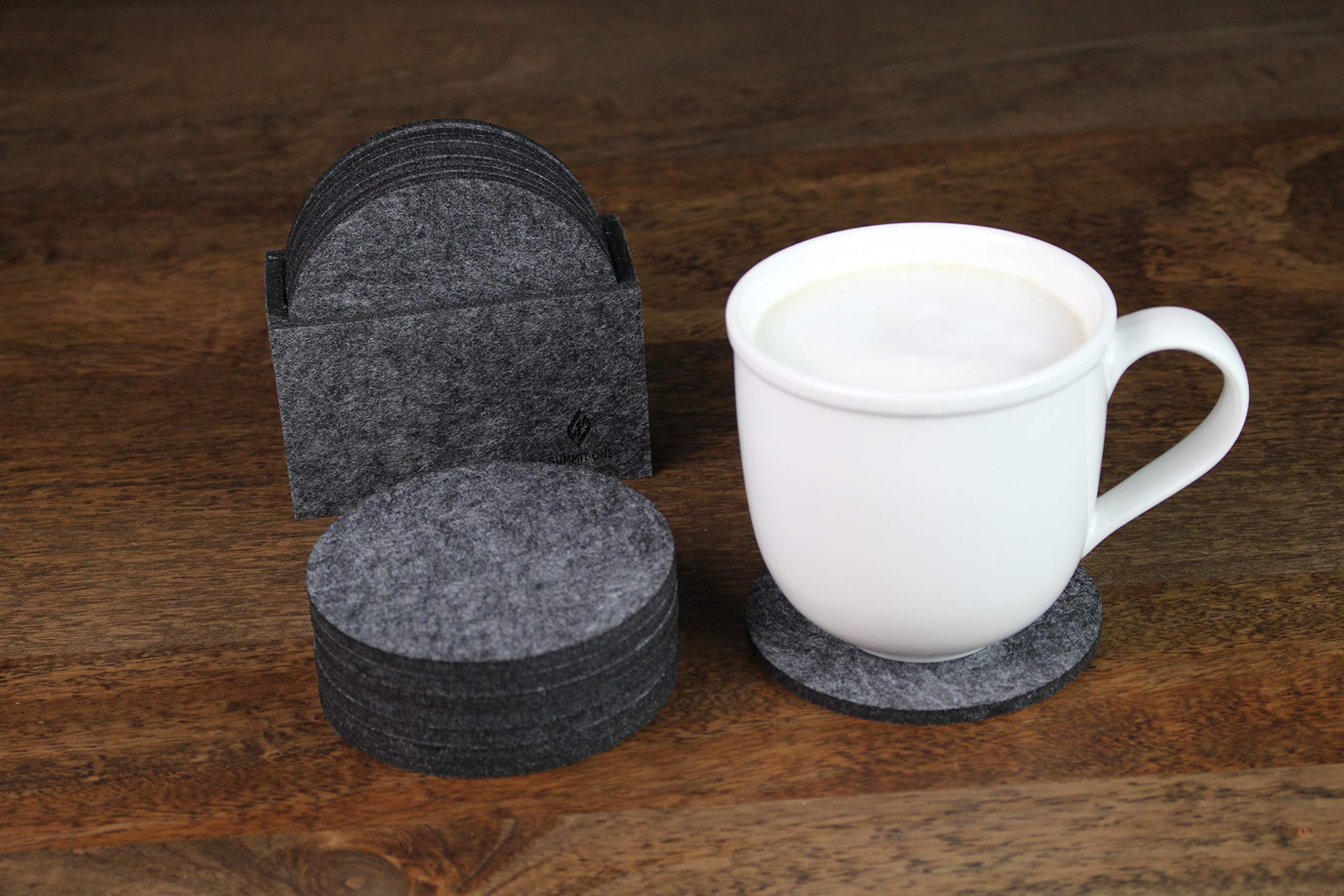 Summit One Premium Felt Absorbent Coasters, Set of 8 (4 Inch Round, 5mm Thick) - Super Absorbent Coasters For Drinks - Includes Matching Felt Coaster Holder in Gift Box