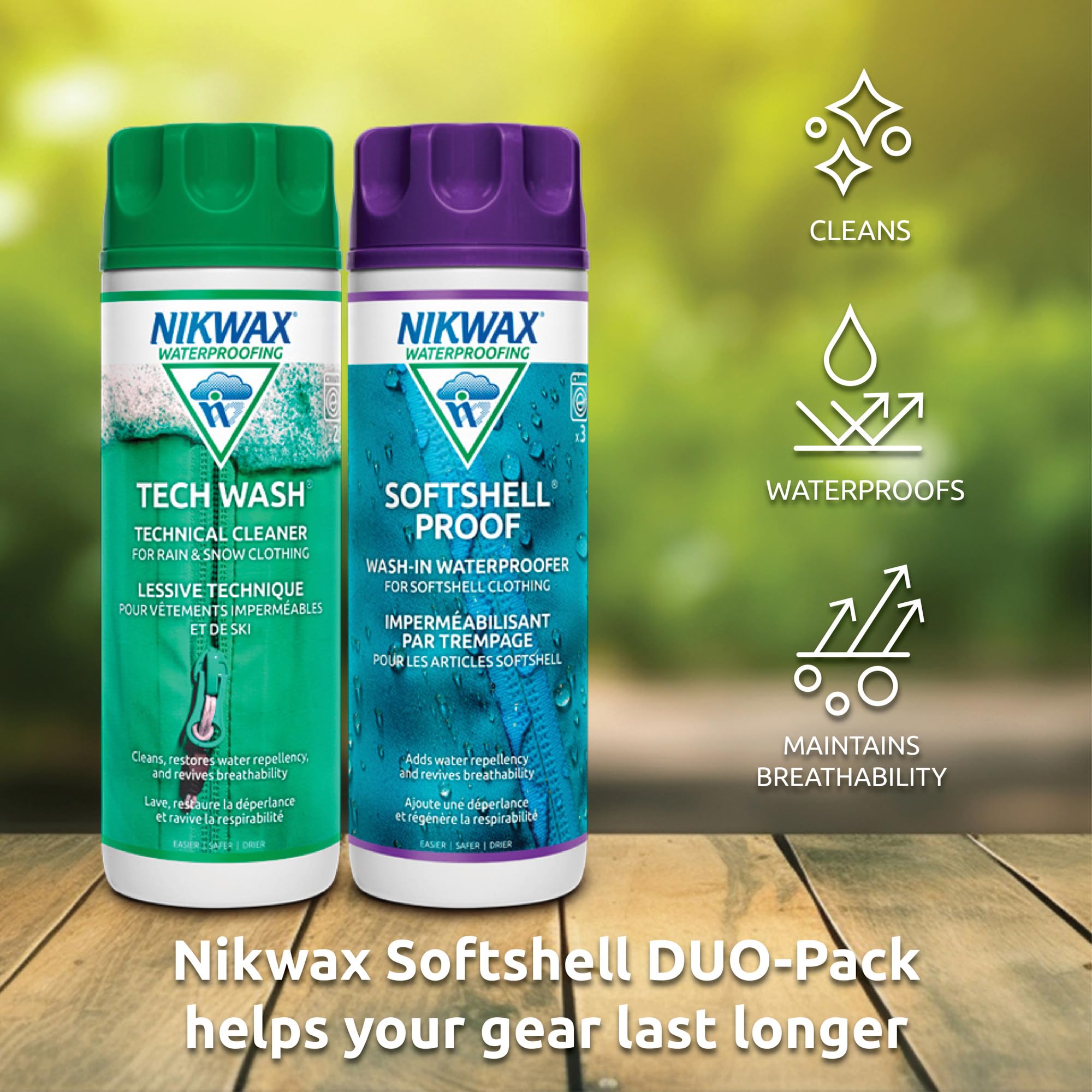 Nikwax Softshell Cleaning & Waterproofing DUO-Pack, Cleans and Restores DWR Water Repellency in Jackets, Pants, Vests, Outerwear, Ski and Snow Gear