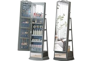 TAGELIER Full-Length Mirror Jewelry Cabinet Standing, 360 Swivel Armoire with LED Lights, Built-in Storage - Large Capacity Shelves & Drawer, Gray