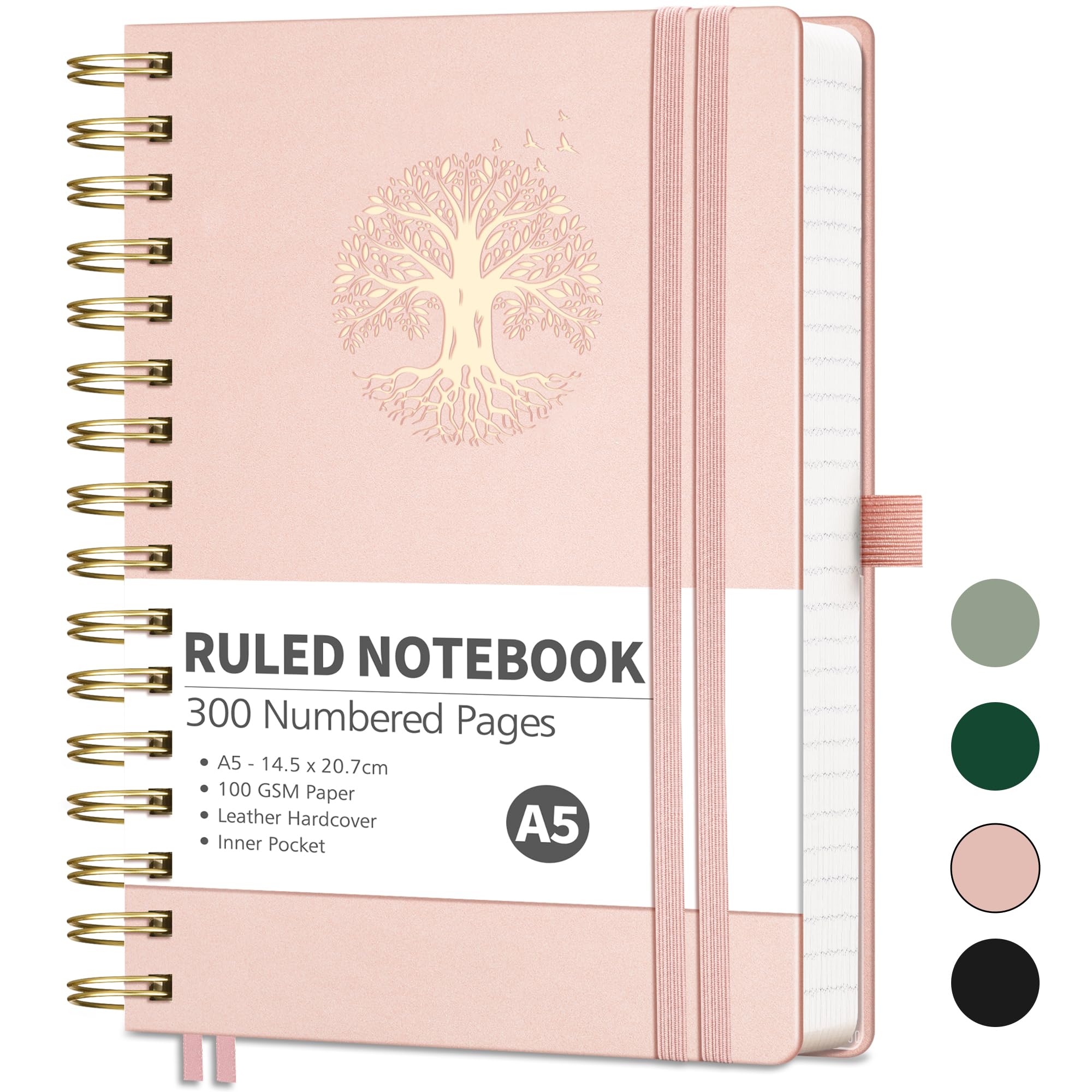 RETTACY A5 Notebook-Spiral Bound Notebook Journal for Men,Lined 300 Pages Hardback Leather Note Pad with 100gsm Thick Paper for Writing,Inner Pocket,Sticky Notes,14.5 x 20.7cm - RoseGoldn