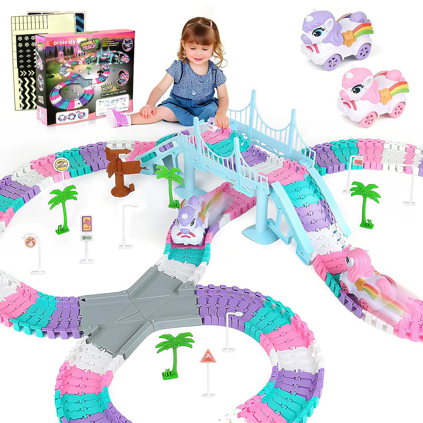 Photo 1 of 268 PCS Unicorn Race Tracks for Kids Toys, Glow in The Dark Magic Toy Set, 2 Unicorn Cars Track, Flexible DIY Track Set, Birthday Gift for Age 3-9 Boys Toddler Girls