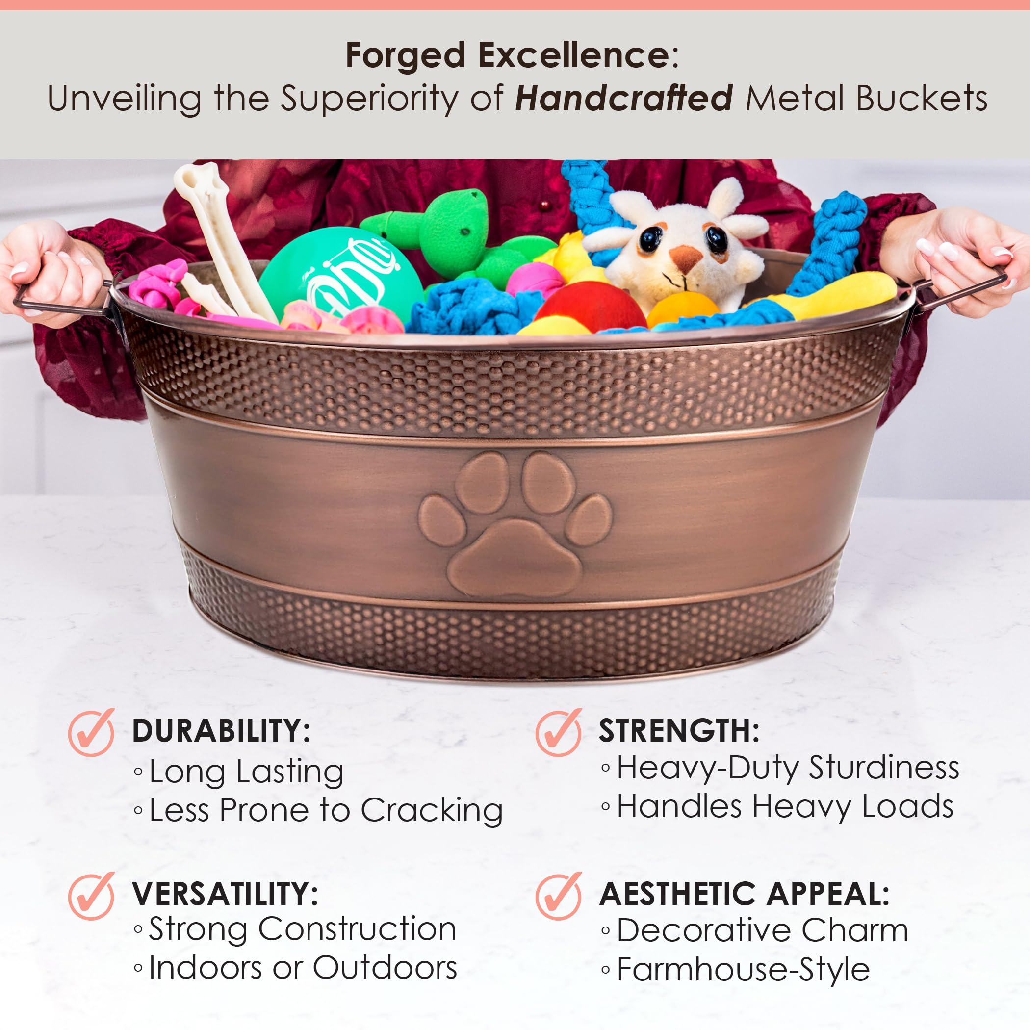 BREKX Indestructible Metal Dog Toy Bin - Copper Galvanized Storage Bin with Handles, Puppy Basket for Dog Storage, Blankets, & Leashes, Paw Pet Toy Box (25-Quart)