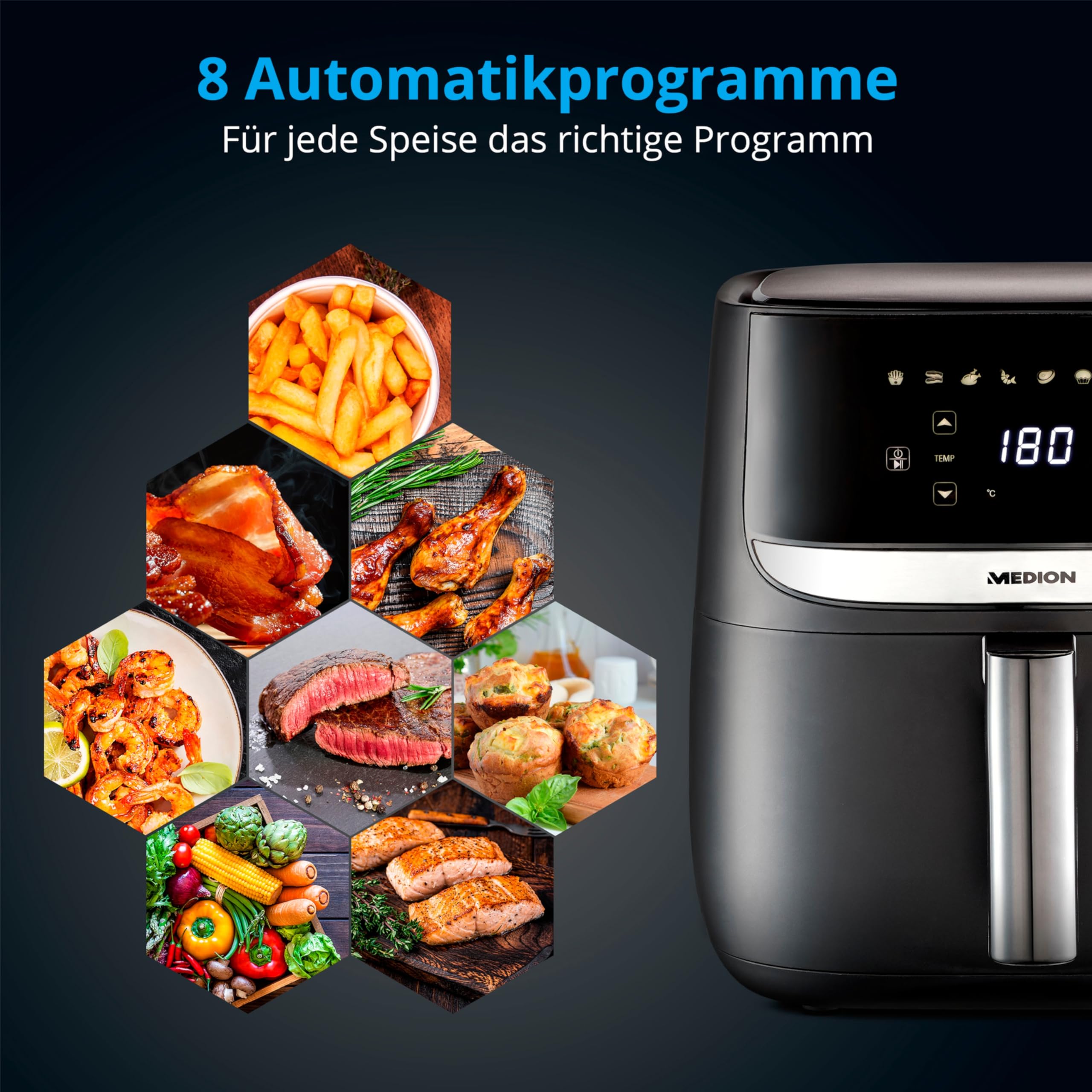 MEDION E50 XL Heißluftfritteuse (5,7 Liter, Airfryer, ca. 1700 Watt, Digitales Bedienfeld, 8 Automatikprogramme, ölfreies Frittieren, 30 Min Timer, Überhitzungsschutz, MD10532) 3