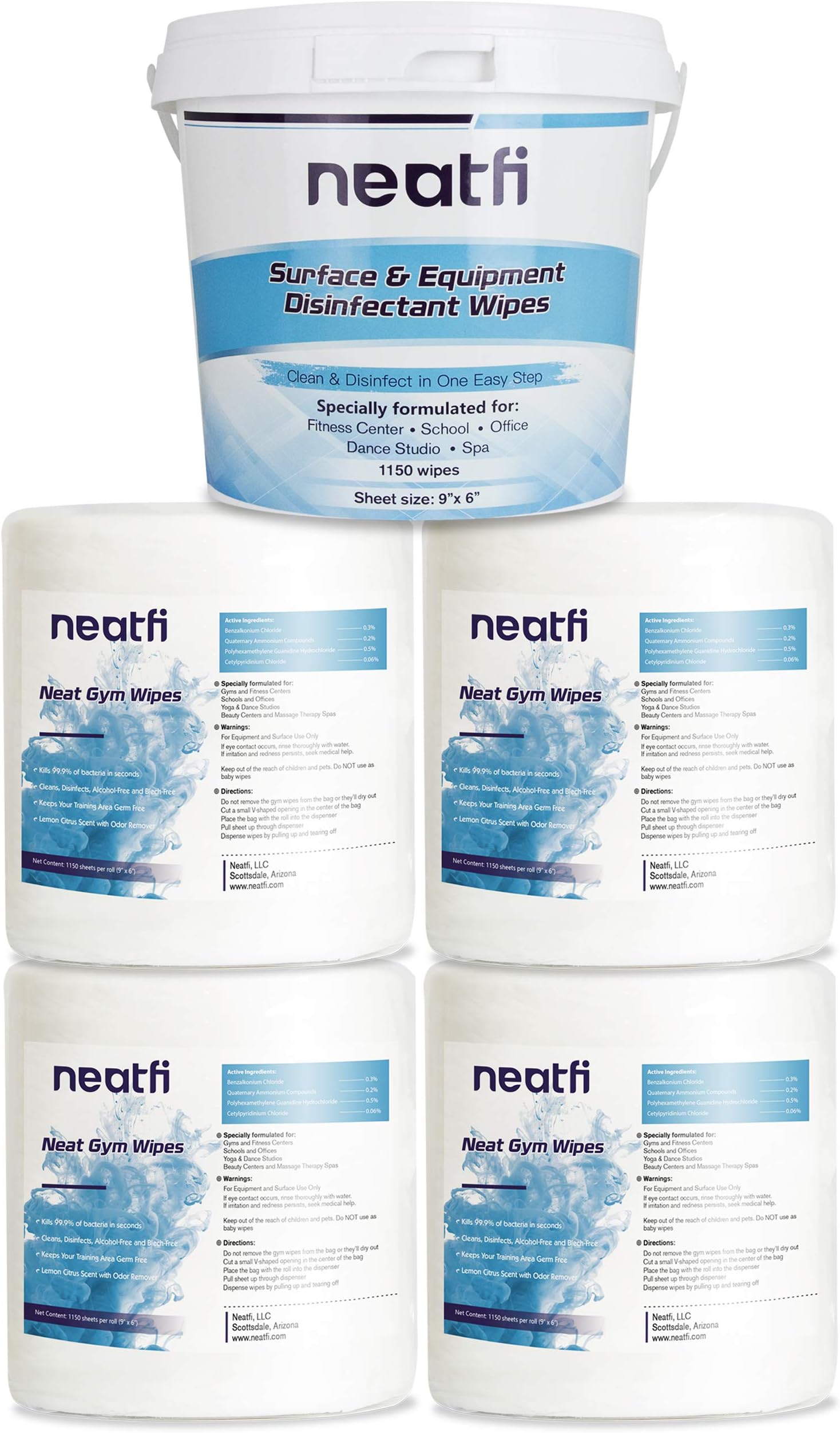 NeatFi Multi Purpose Surface Wipes (4 Rolls, 4,600 Wipes) - Reusable Wipe Bucket Dispenser Included, Gym Equipment Cleaning Wipes, Disinfecting Gym Wipes, Antibacterial Facility Wipes