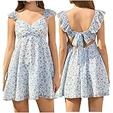 HTZMO Women Summer Floral Short Sundress V Neck Ruffle Bow Tie Sexy Backless A Line Flowy Cute Casual Beach Mini Dress 2025