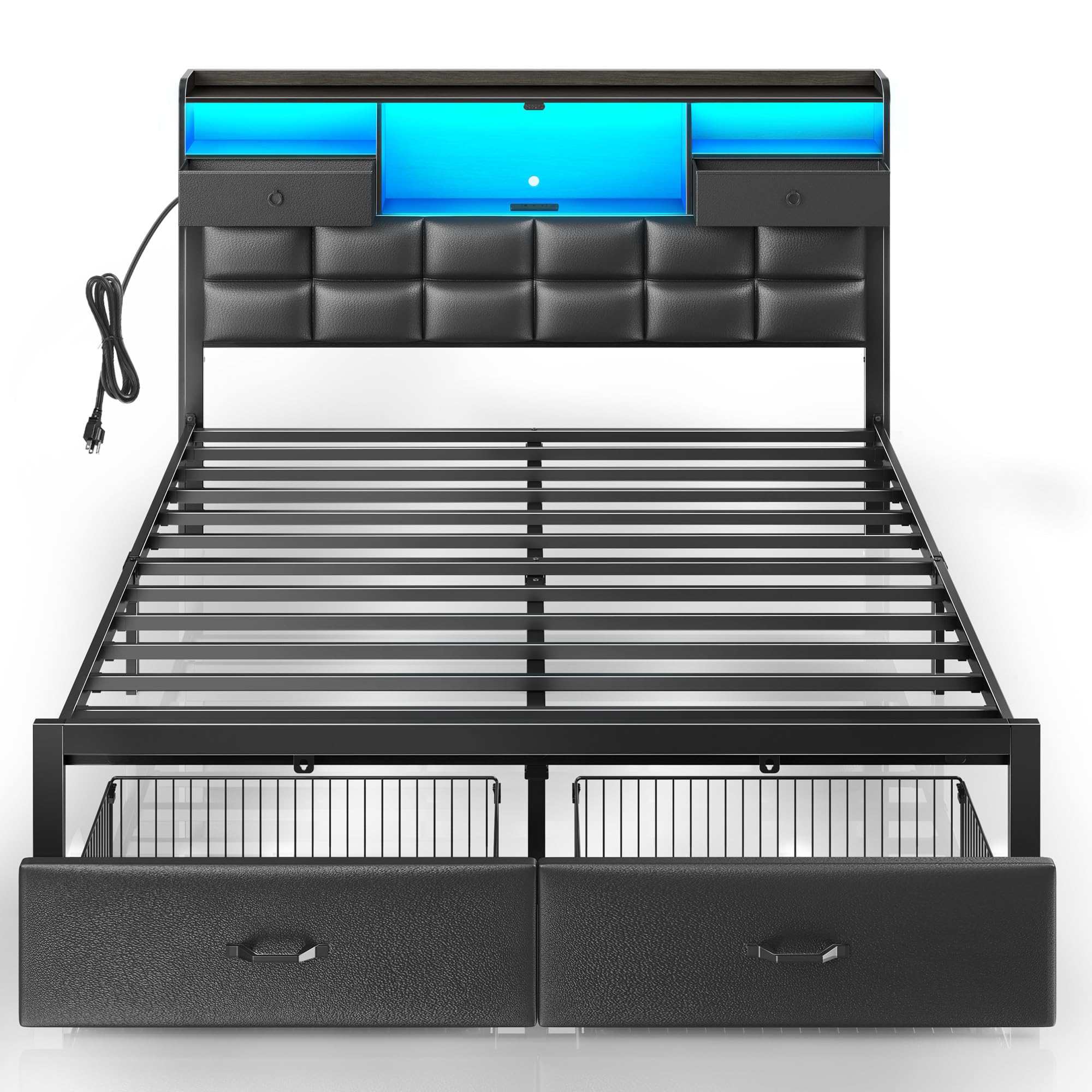 Rolanstar Bed Frame Queen Size with Drawers and Charging Station, Upholstered Platform Bed with Storage Headboard and LED Light, Heavy Duty Metal Frame Support, No Box Spring Needed, Noise Free, Black Image