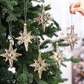Leinuosen 6 Pcs Christmas Glitter Glass Star of Bethlehem, Gold | 5 x 4 Inch Blown Glass Decorative Hanging Ornaments for Christmas Tree Xmas Party Decorations Holiday