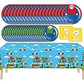 61 PCS Brother Tableware Sets, Birthday Party Supplies Mario Paper Plates and Napkins Set Includes 40 PCS Plates, 20 PCS Napkins and 1 Tablecloth for Party Decorations