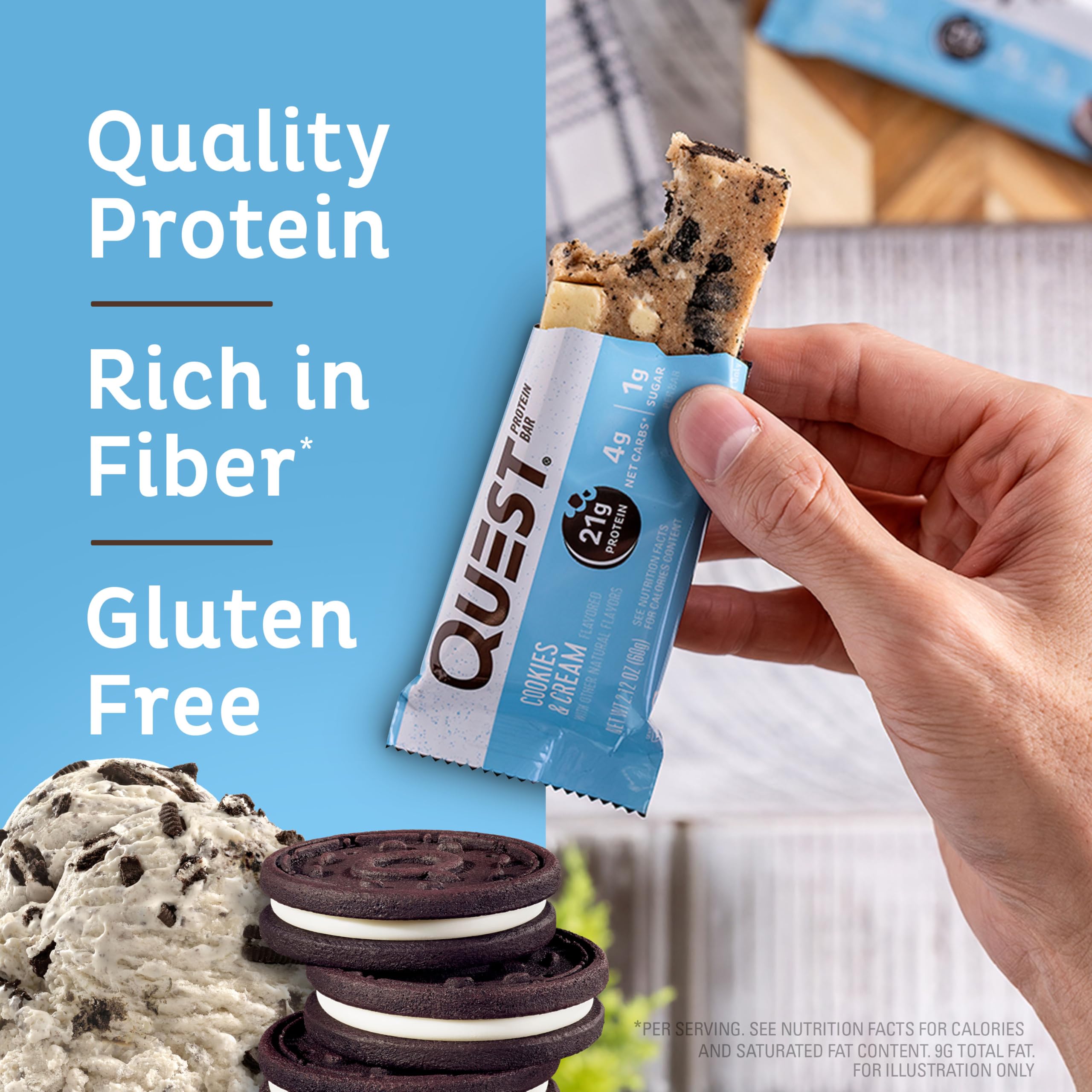 Quest Nutrition Cookies & Cream Protein Bars, 21g Protein, 1g Sugar, 4g Net Carb, Gluten Free, Keto Friendly, 12 Count