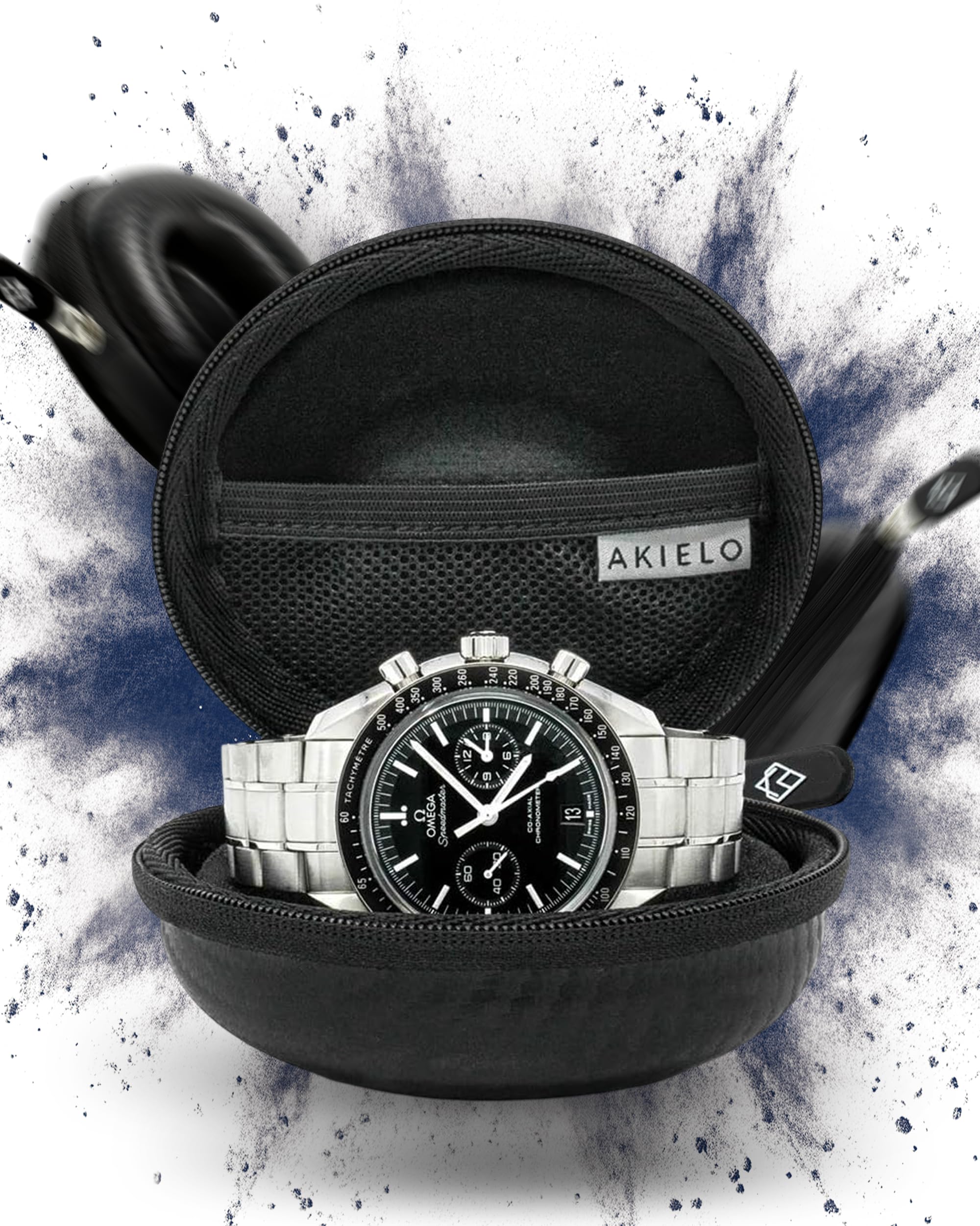 AKIELO Watch Case – Watch Travel Case with Cleaning Cloth and Gift Box – Fits Mens and Womens Wristwatches and Smart Watches up to 54mm (Black Carbon Edition)